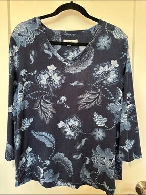 Chico's Navy and Light Blue Floral V-Neck Blouse